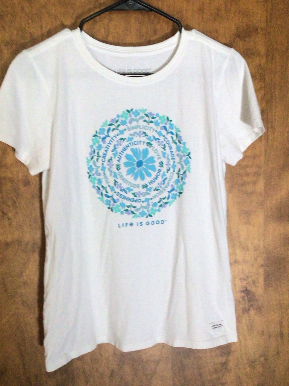 Life Is Good White Short-Sleeve Tee with Blue Aqua Floral Mandala